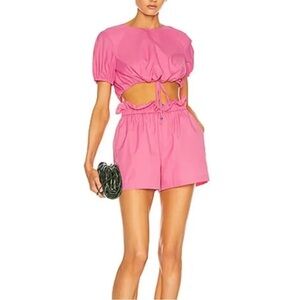 Staud Pink Caterina High-Waisted Paper-bag Shorts in Wild Orchard